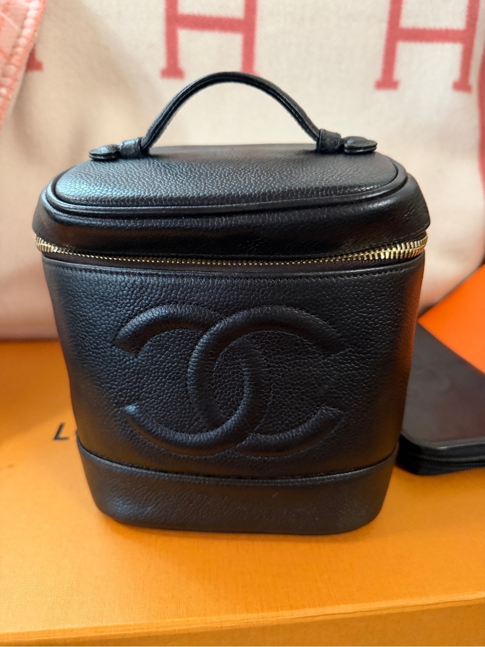 CHANEL Black Caviar Leather Vanity Case with Gold Zip